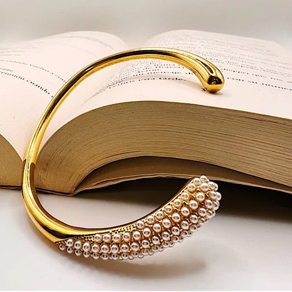 Luxury Pearl Irregular Bangle Cuff Edgy Geometric Gold Plated Women’s - Picture 2 of 9